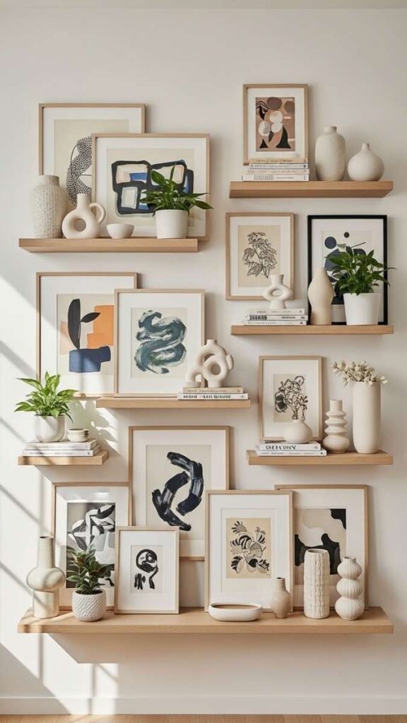 Floating Shelves Styled as a Functional Gallery Wall]