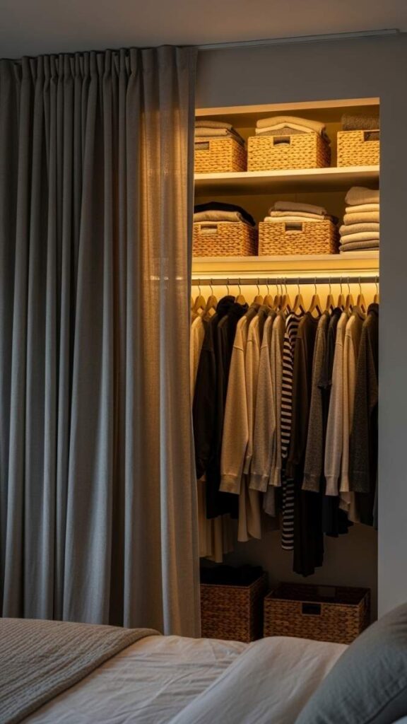 Open Closet With a Curtain Panel Instead of Doors