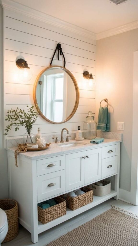 Shiplap Accent Wall Behind the Vanity