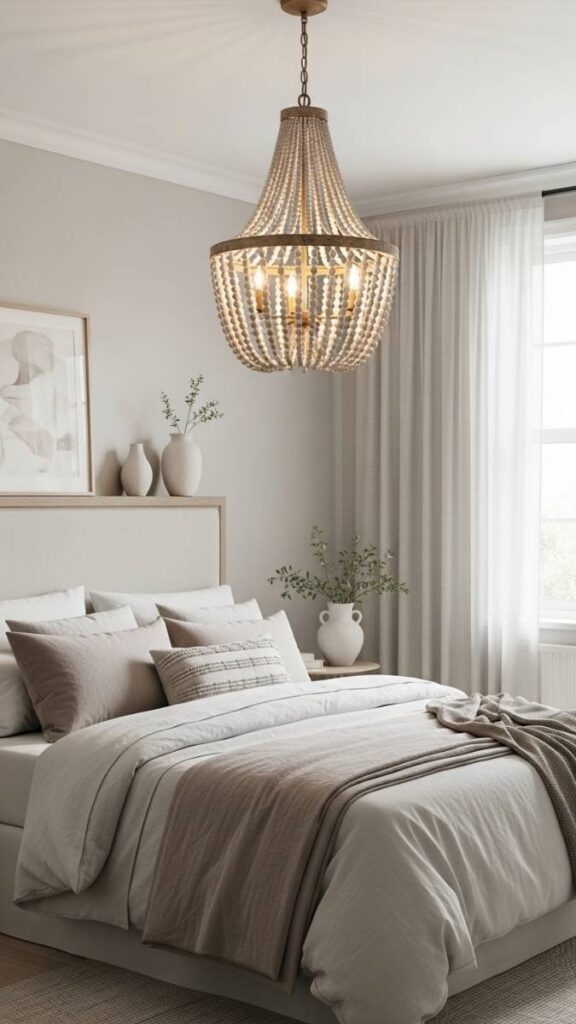 A Beaded Chandelier in a Neutral Bedroom