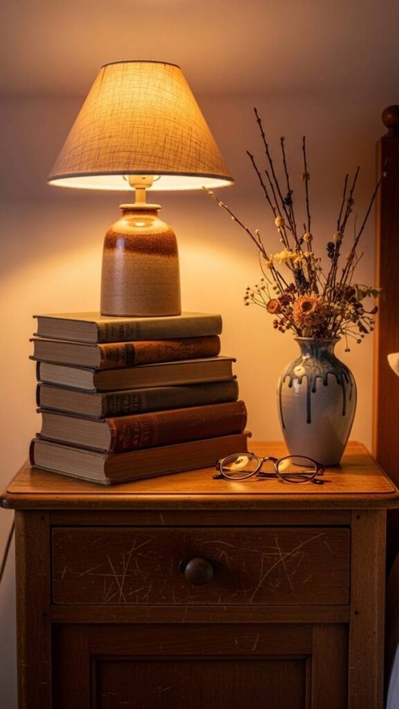 A Bedside Table Styled Like a Vintage Nightstand Vignette