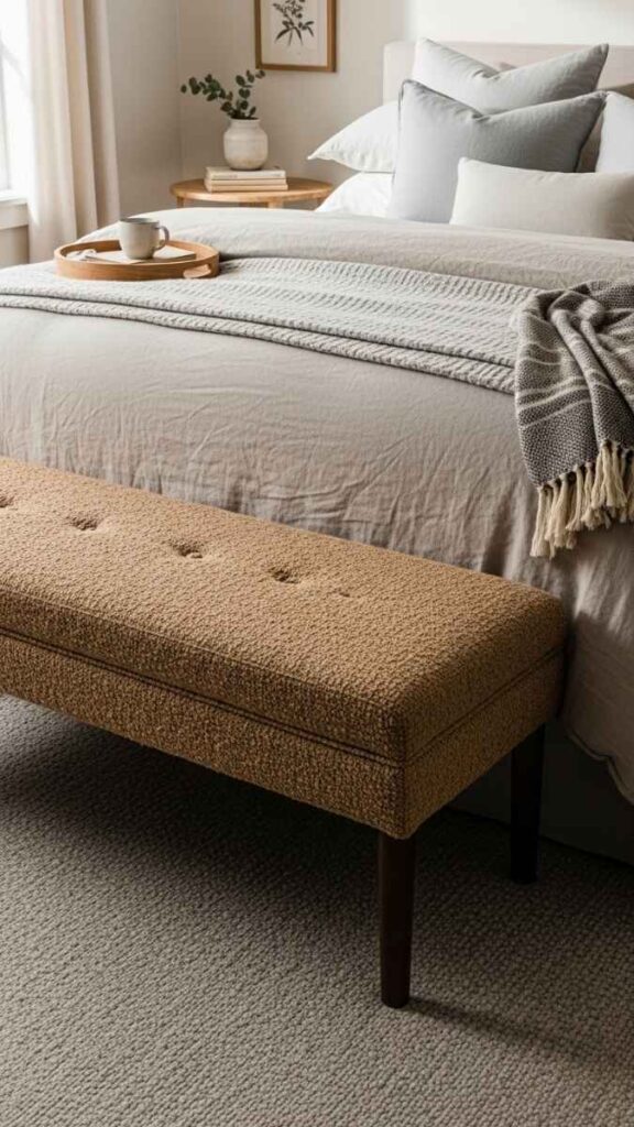 A Bench at the Foot of the Bed to Improve Bedroom Functionality
