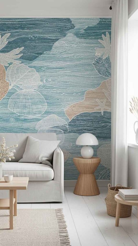 A Bold Coastal Mural or Printed Wallpaper on One Wall