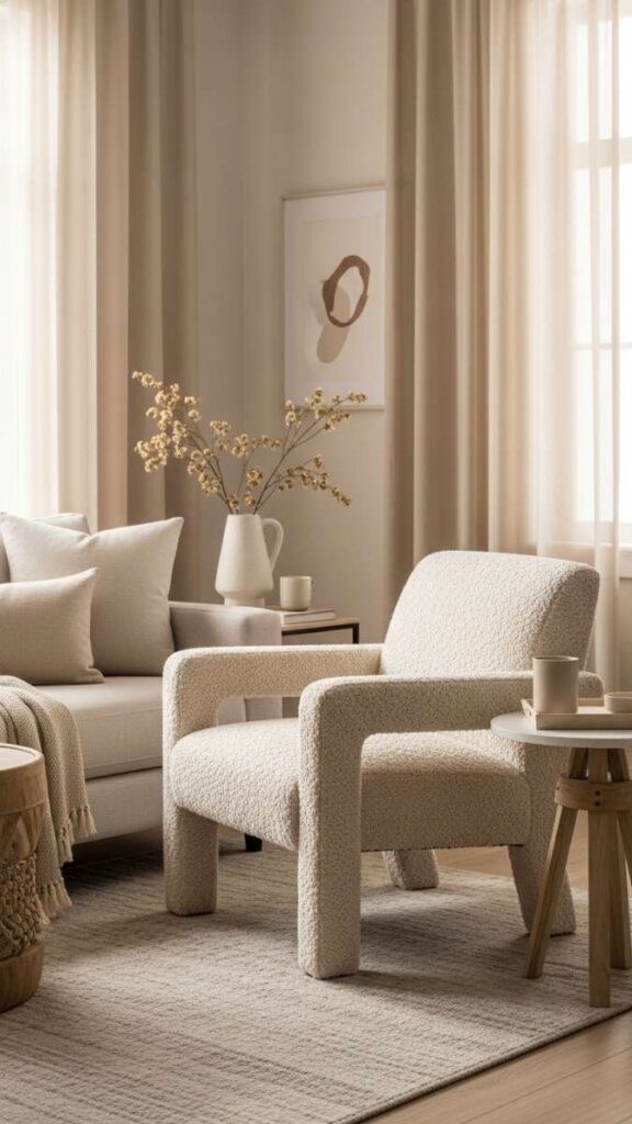 A Bouclé or Sherpa Accent Chair to Break Up a Flat Seating Layout