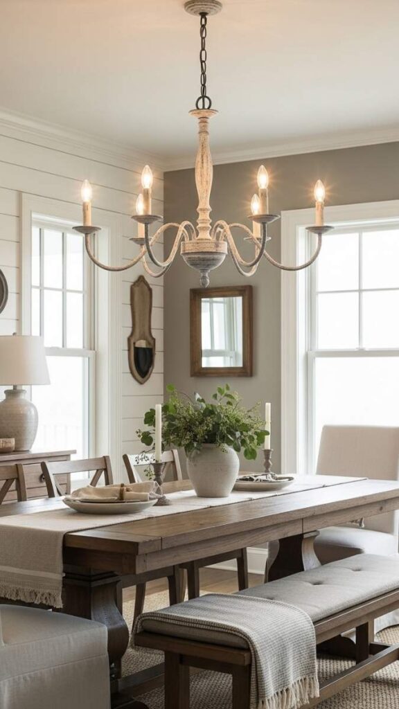 A Candelabra Style Chandelier in a Farmhouse Dining Room