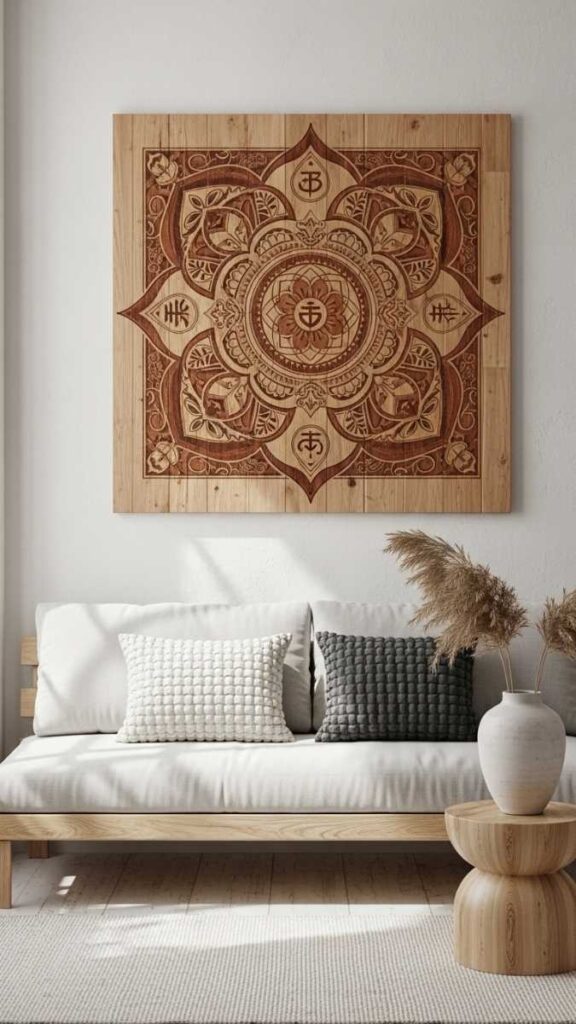 A Carved or Printed Mandala Wood Panel