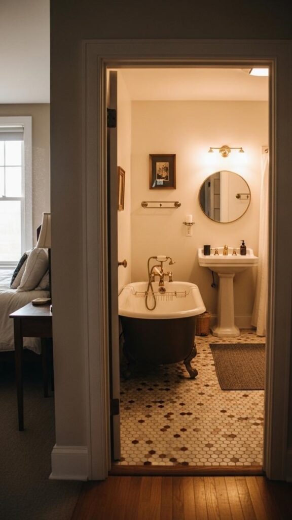 A Clawfoot Tub Visible Through an Open Bathroom Door