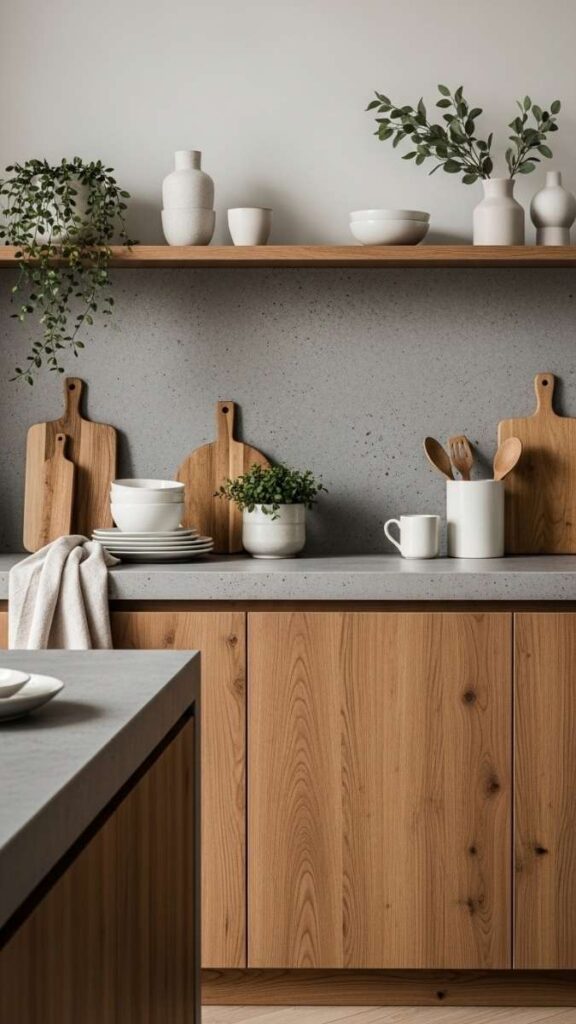  A Concrete or Stone-Look Kitchen Counter With Wood Cabinet Fronts