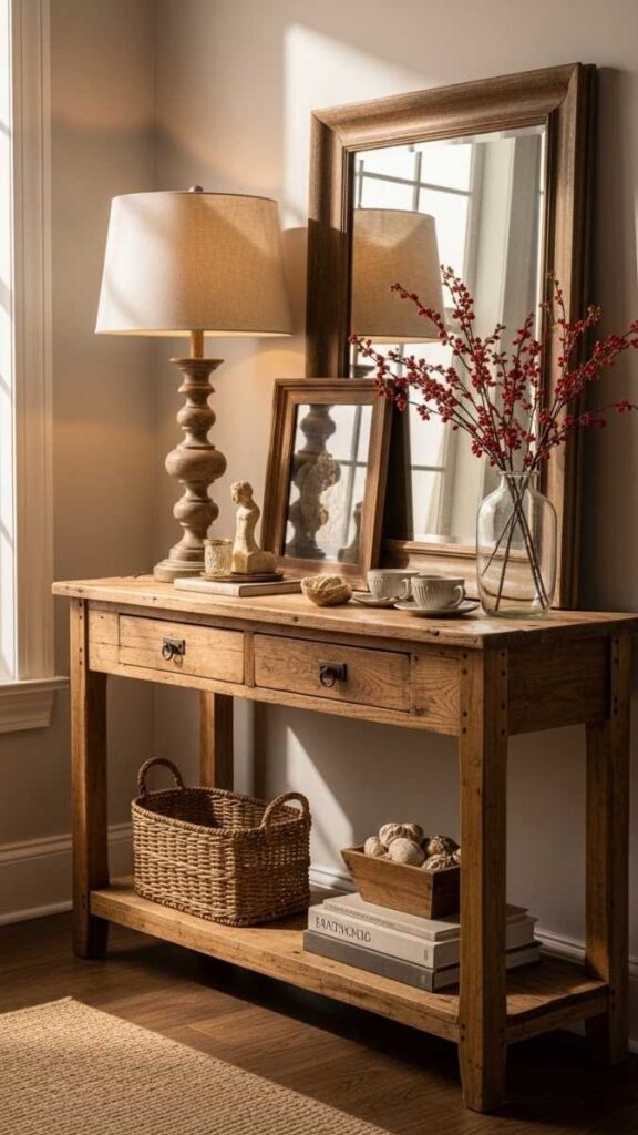 A Console Table With Layered Vintage Styling