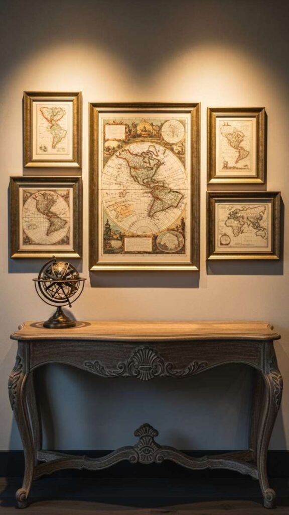 A Curated Vintage Map Collection Behind a Console Table