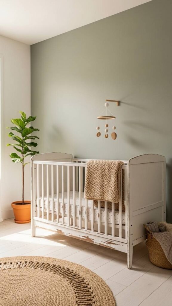A Distressed White Crib Against a Muted Sage Wall