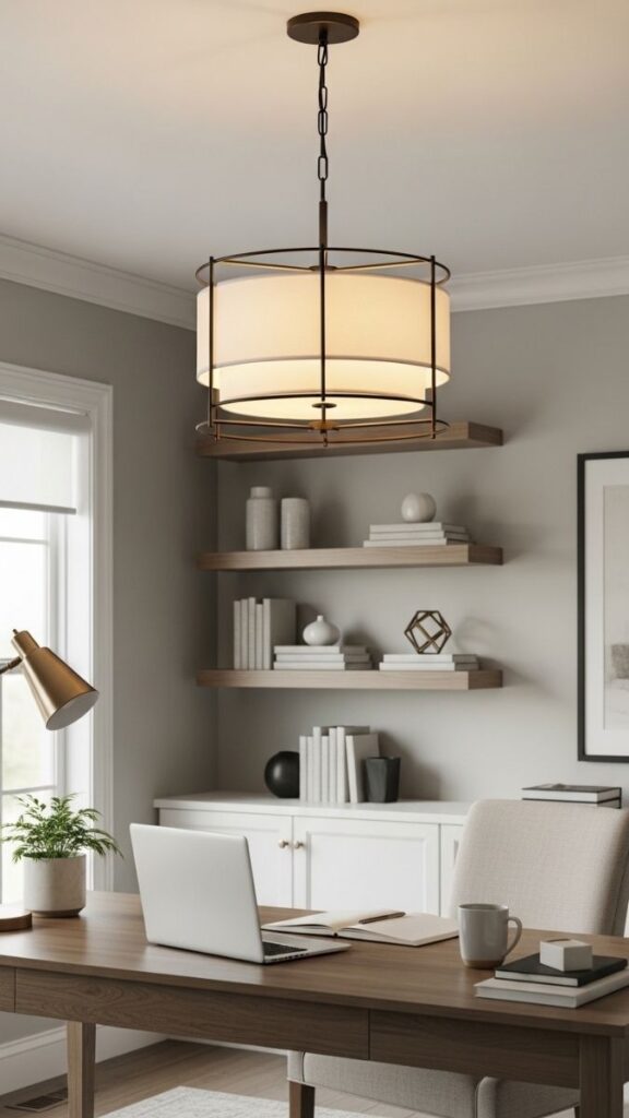 A Drum Pendant With a Metal Frame in the Home Office