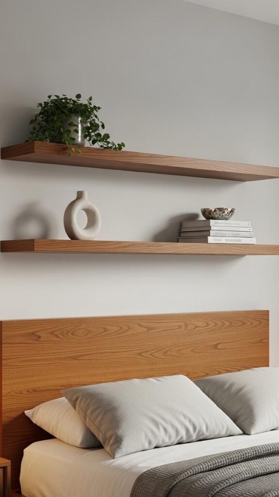 A Floating Shelf System as Functional Art Above the Bed