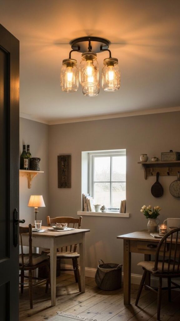 A Flush Mount Mason Jar Fixture in a Low Ceiling Room