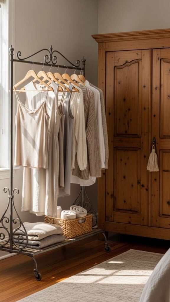 A Freestanding Clothing Rack in Vintage Iron or Brass