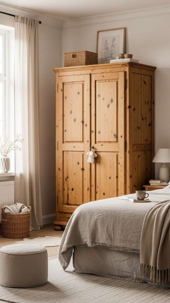 A Freestanding Wooden Wardrobe in a Bedroom