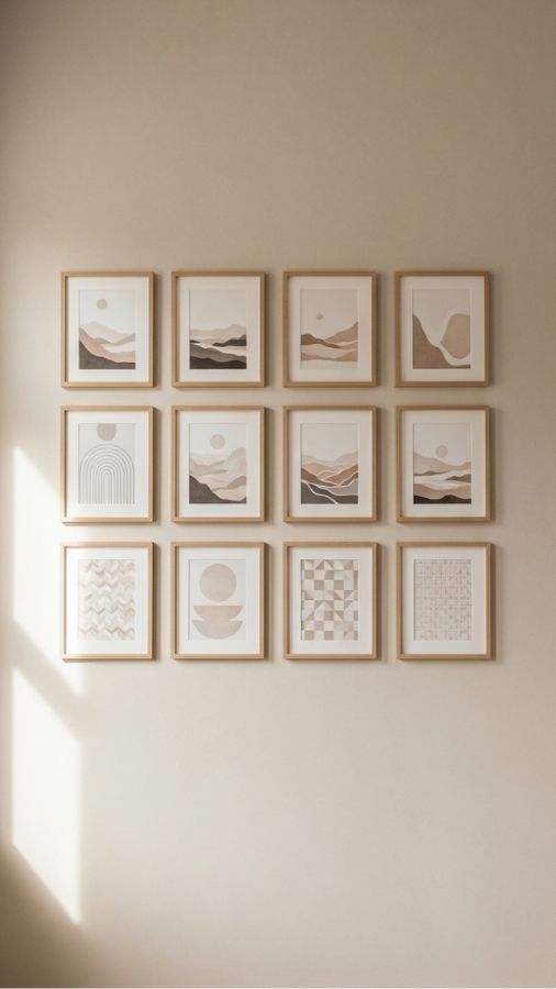 A Grid Gallery Wall with Matching Frames and Neutral Prints