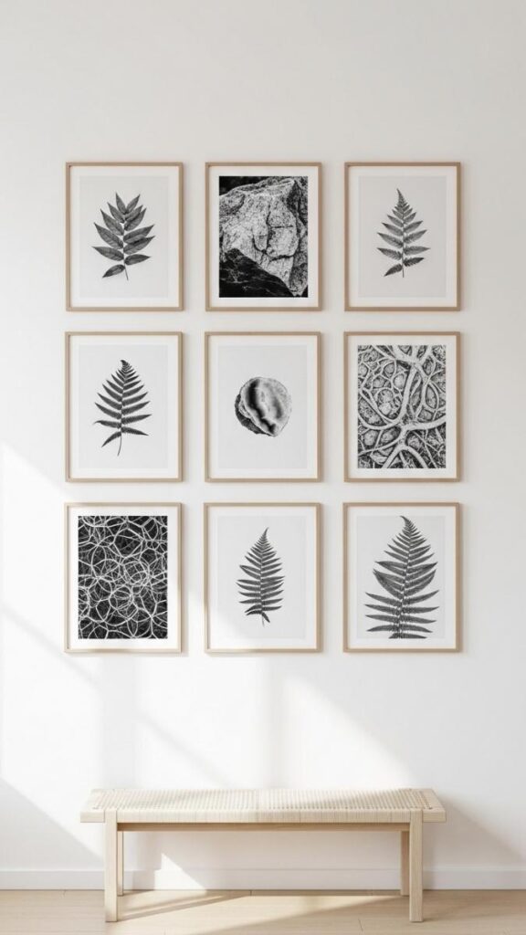 A Grid of Black and White Nature Prints in Thin Wood Frames