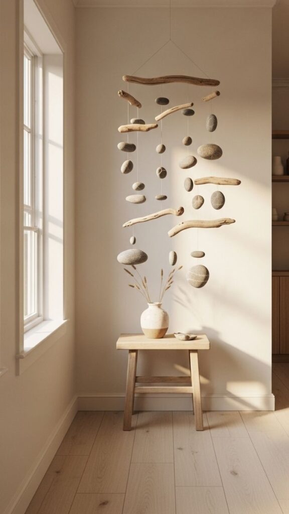 A Hanging Driftwood and Stone Mobile Installation