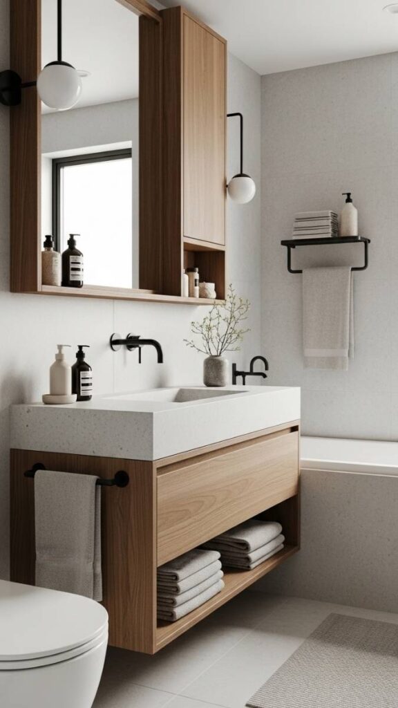 A Japandi Bathroom with Wooden Accents and Matte Fixtures