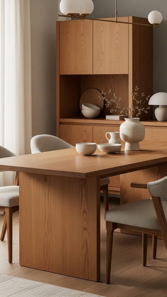 A Japandi Dining Area with a Solid Wood Table and Upholstered Chairs