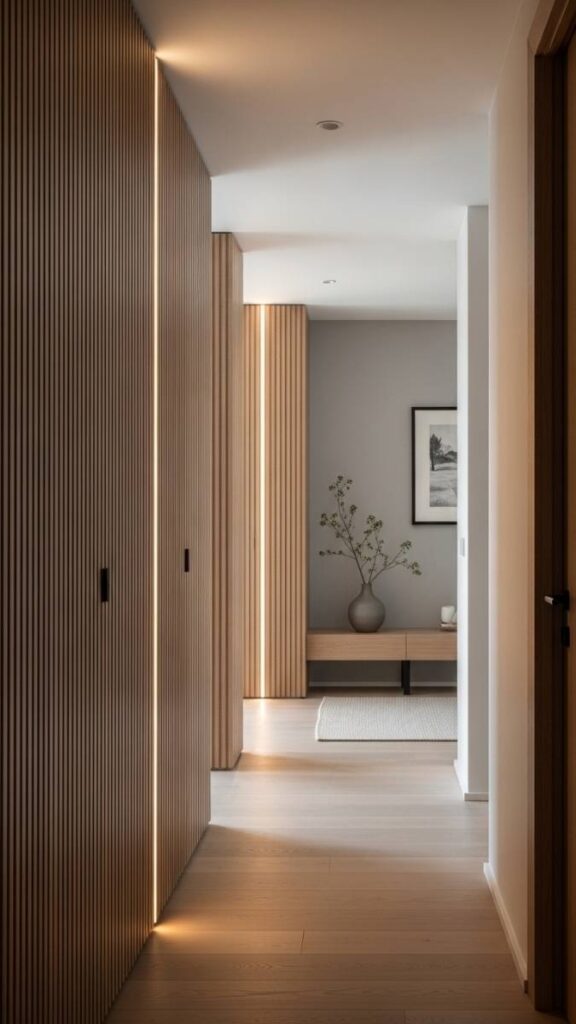A Japandi Hallway with Vertical Wood Paneling and Minimal Lighting