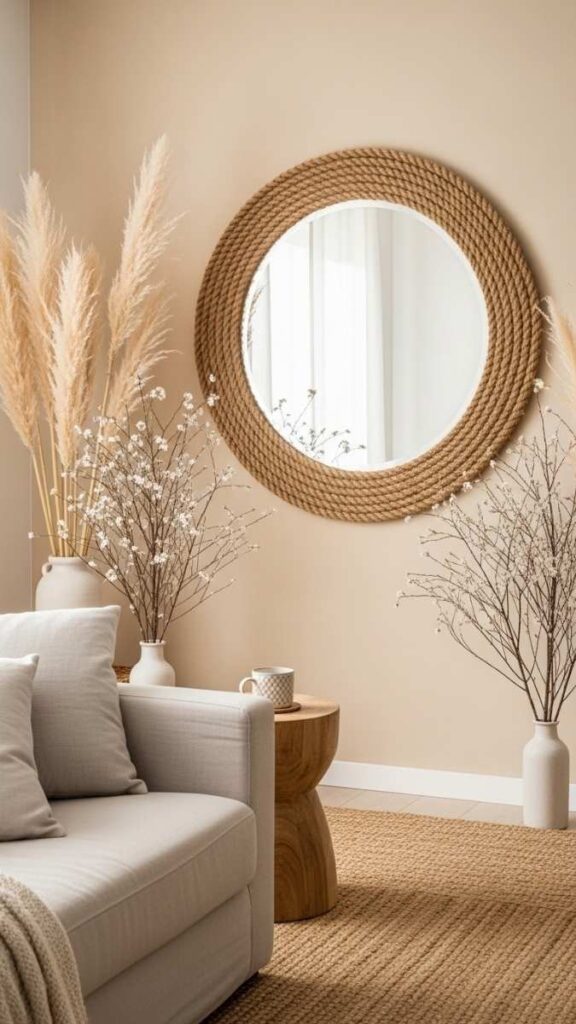 A Large Rope Mirror Flanked by Dried Botanicals