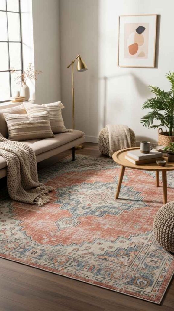 A Large Vintage Style Area Rug in a Washed Pattern