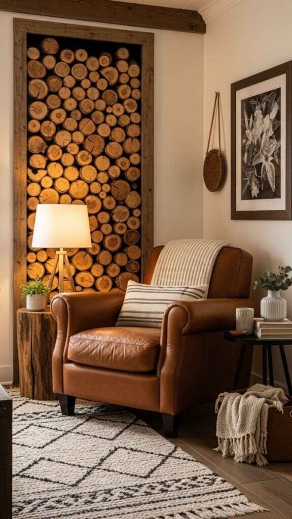 A Leather Armchair Next to a Stacked Log Display