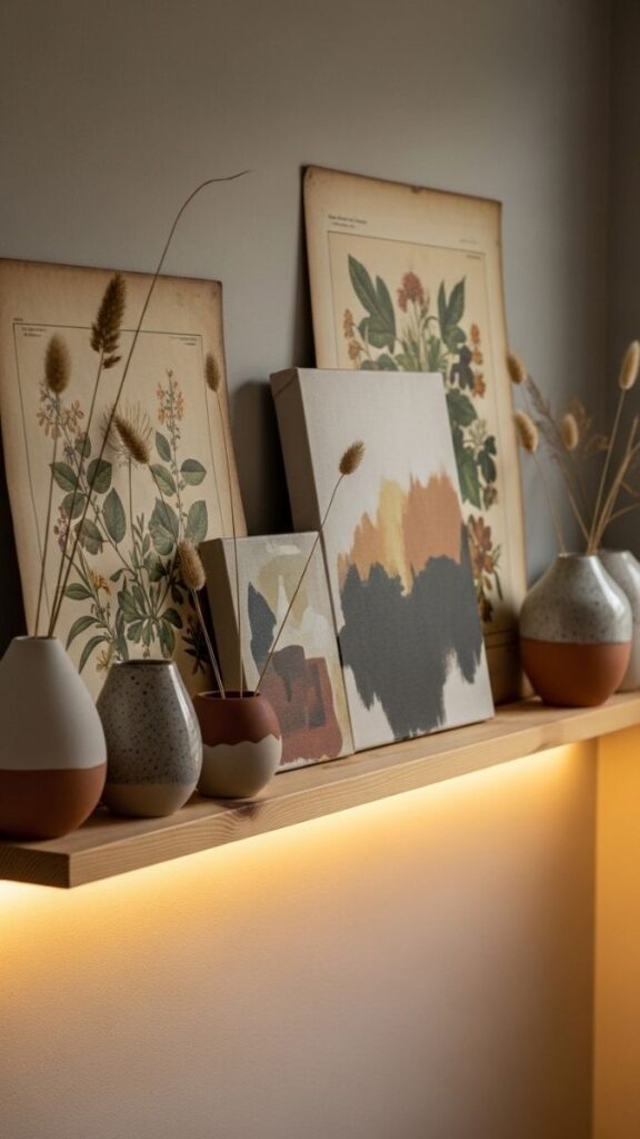 A Ledge Shelf with Leaning Vintage Prints