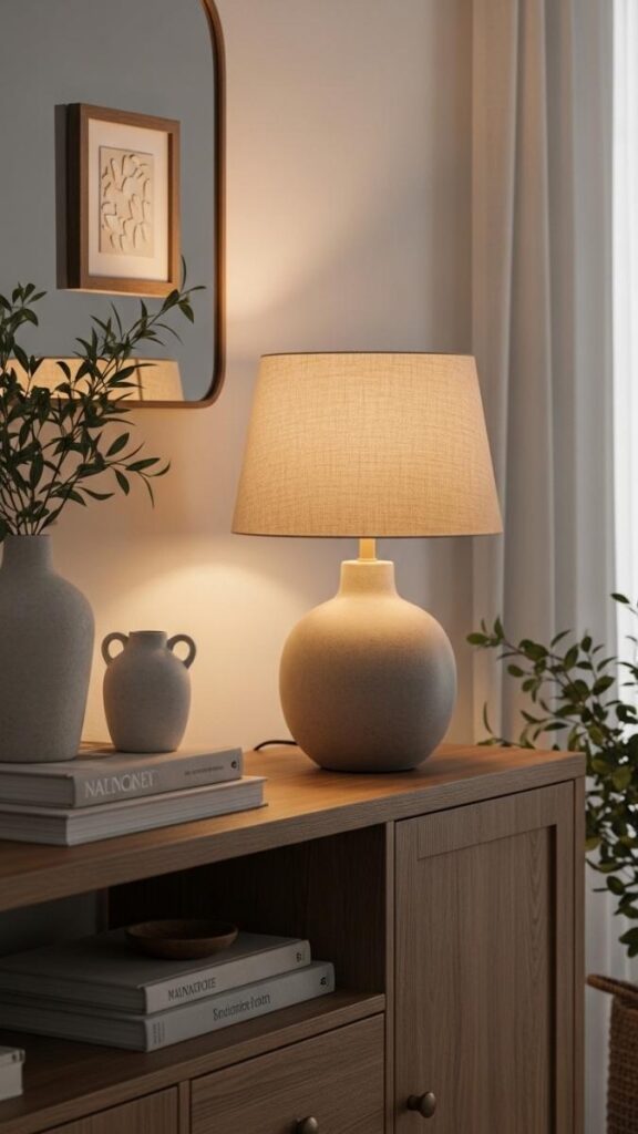 A Linen Shade Table Lamp on a Console or Sideboard