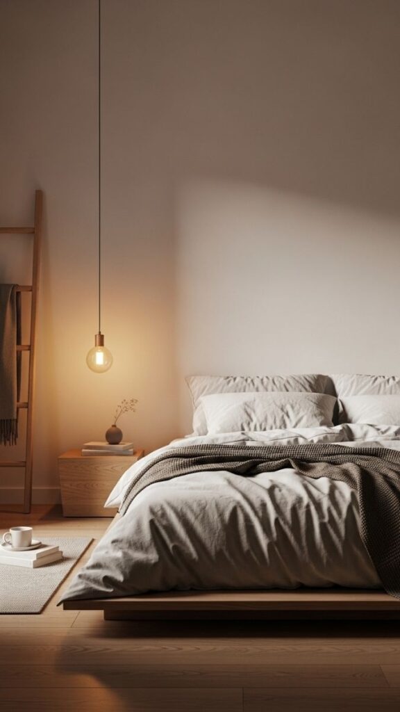 A Low Platform Bed with Linen Bedding and One Warm Light Source