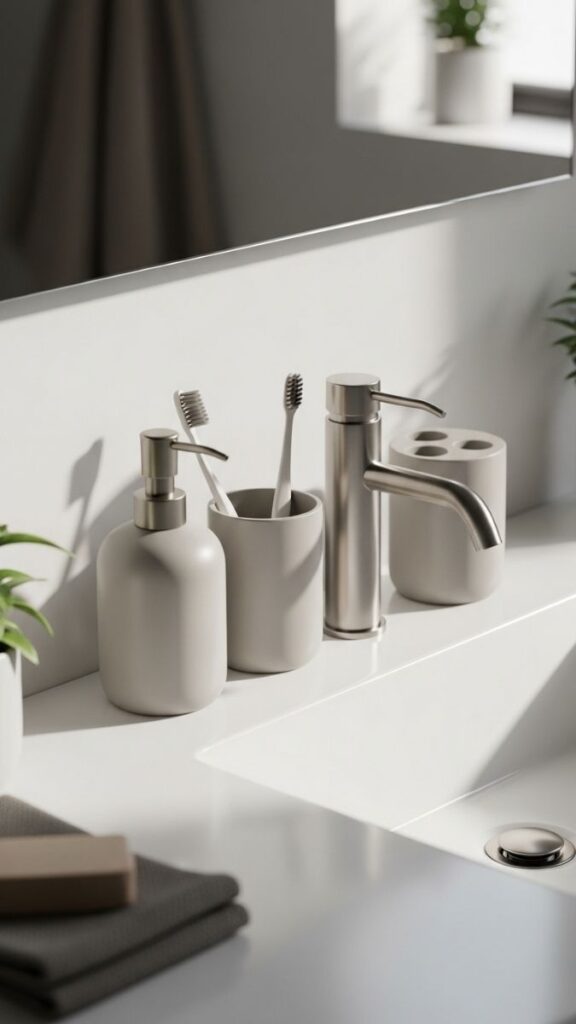 A Matching Soap Dispenser and Toothbrush Holder Set