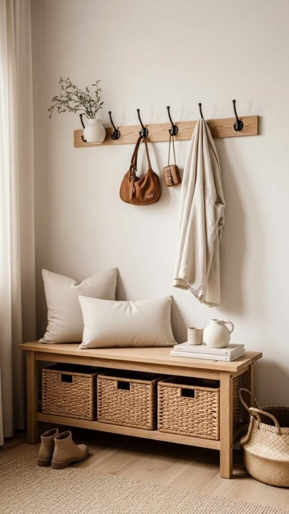 A Minimal Entryway with a Wooden Bench, Single Hook Rail, and Basket Storage