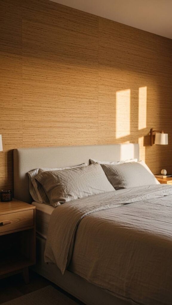 Textured Plaster or Grasscloth Wallpaper on the Headboard Wall