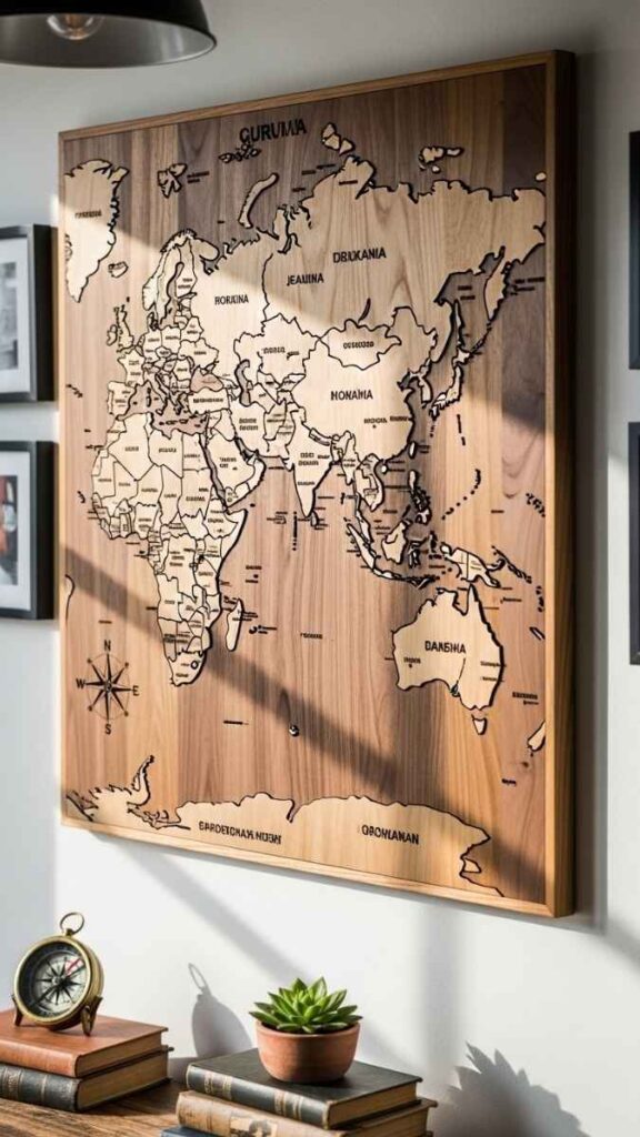 A Mounted Wooden World Map or State Map