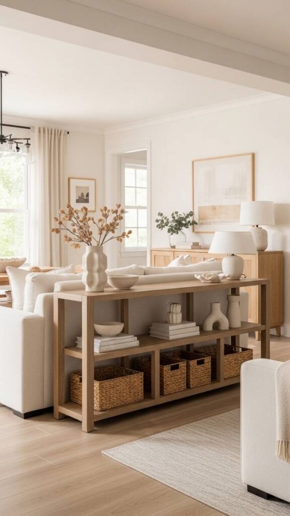 A Multi Functional Console Table as Room Divider and Storage