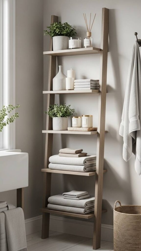 A Narrow Ladder Shelf for Towels and Decor