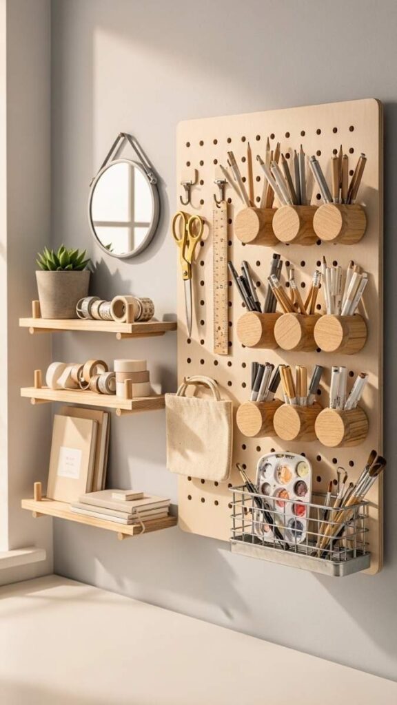 A Pegboard or Grid Wall Panel in a Home Office for Functional Decor