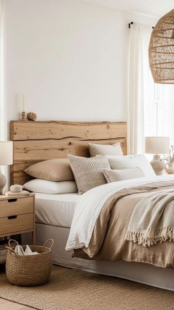 A Raw Wood Headboard With Linen Bedding