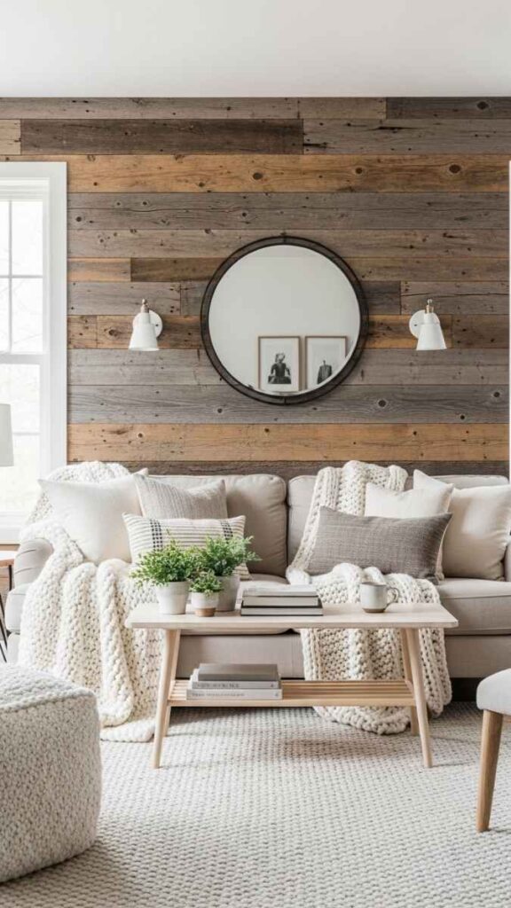 A Reclaimed Wood Accent Wall Behind the Sofa