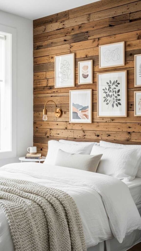 A Reclaimed Wood Plank Gallery Wall That Replaces the Headboard