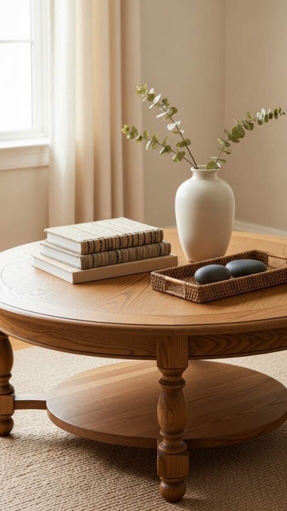 A Round Wooden Coffee Table With Turned Legs