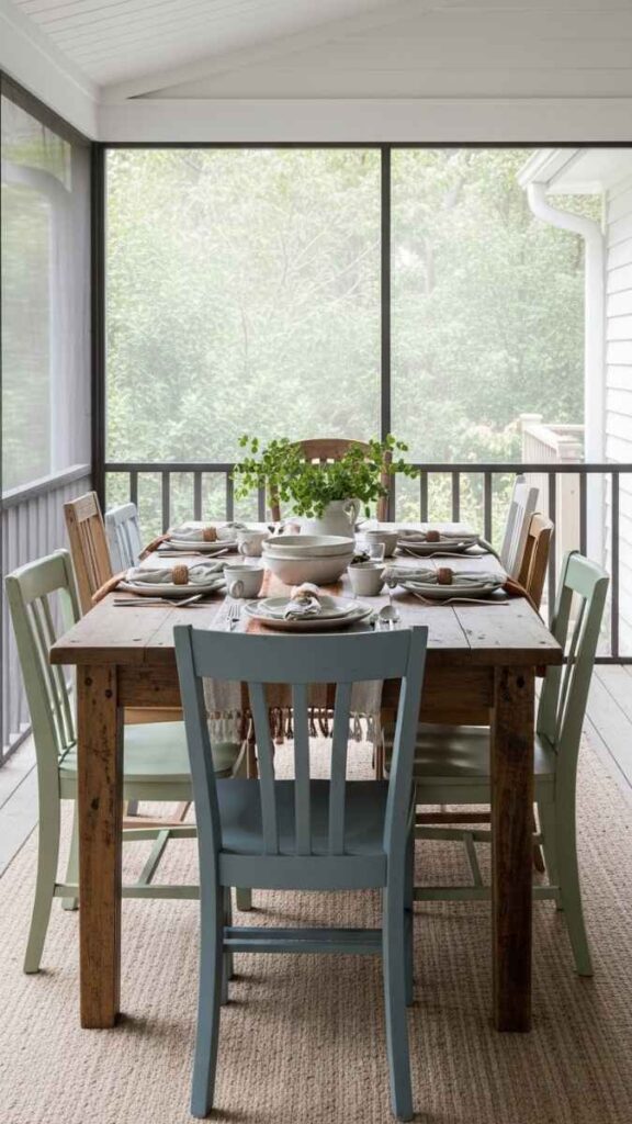A Screen Porch Dining Setup with a Reclaimed Wood Table and Mismatched Chairs
