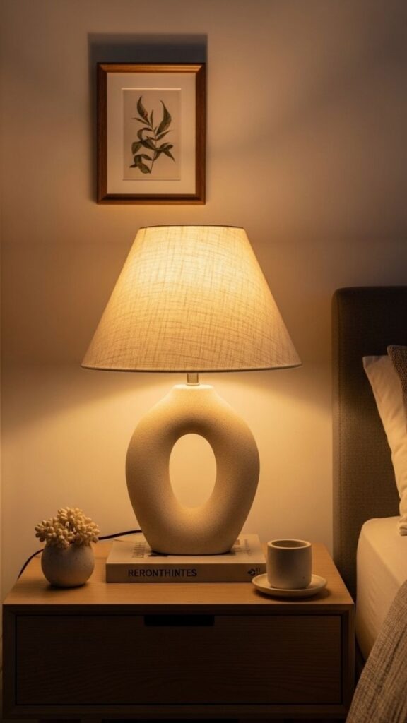 A Sculptural Table Lamp with a Textured Shade for Bedside Warmth