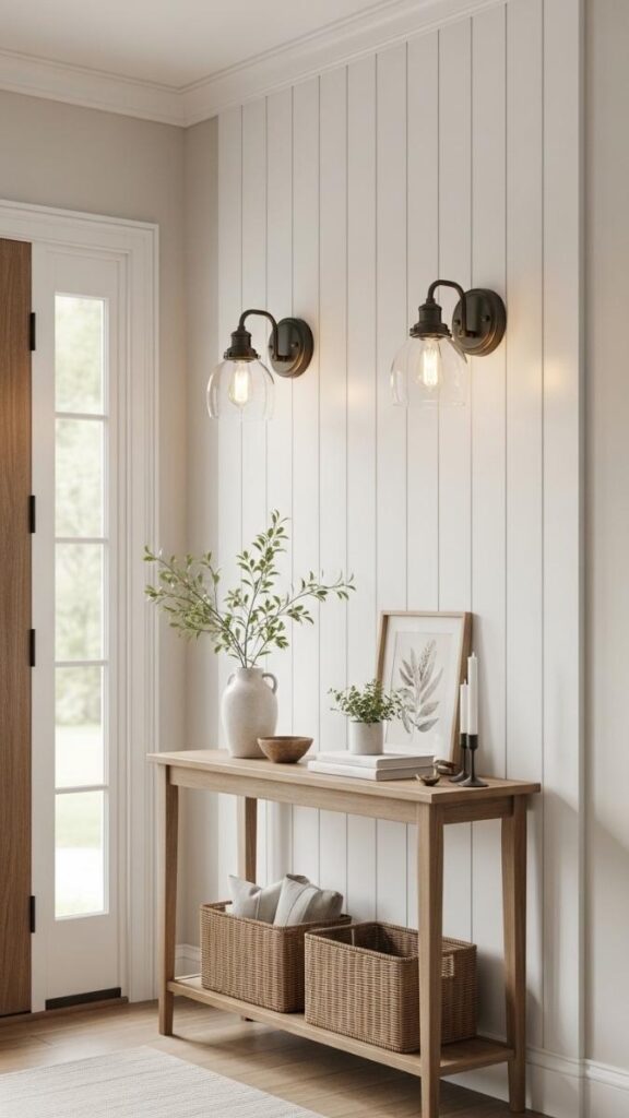 A Shiplap Backed Sconce Pair in the Entryway