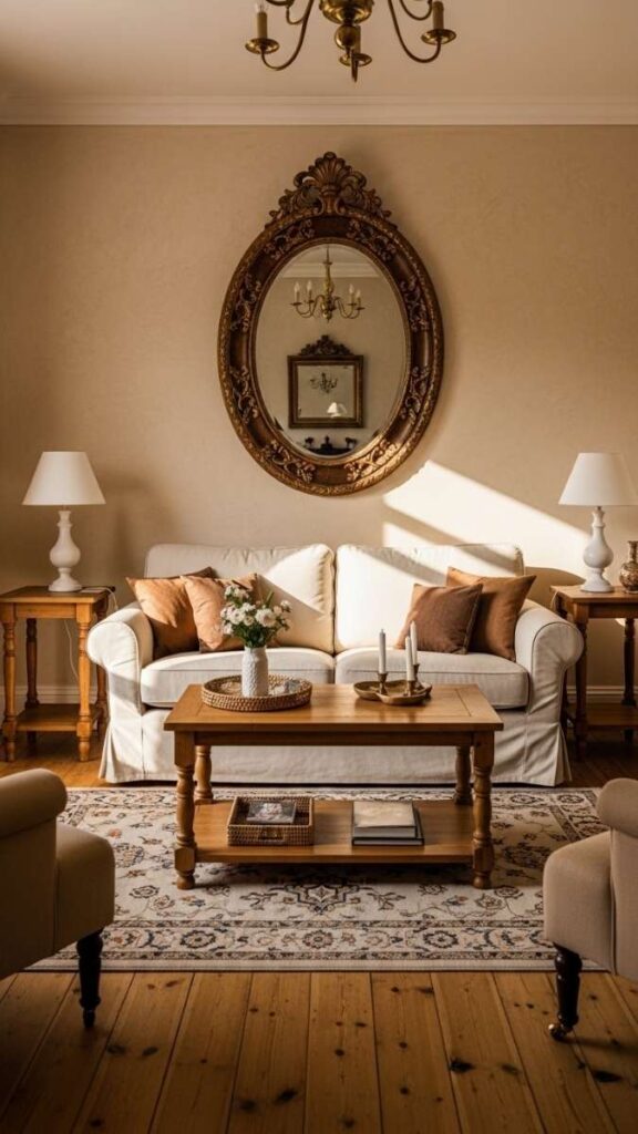 A Single Large Vintage Mirror Above the Sofa