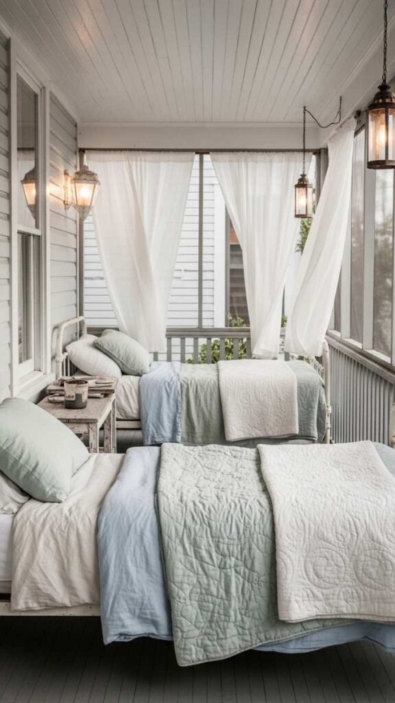 A Sleeping Porch with Vintage Metal Day Beds and Hanging Lanterns