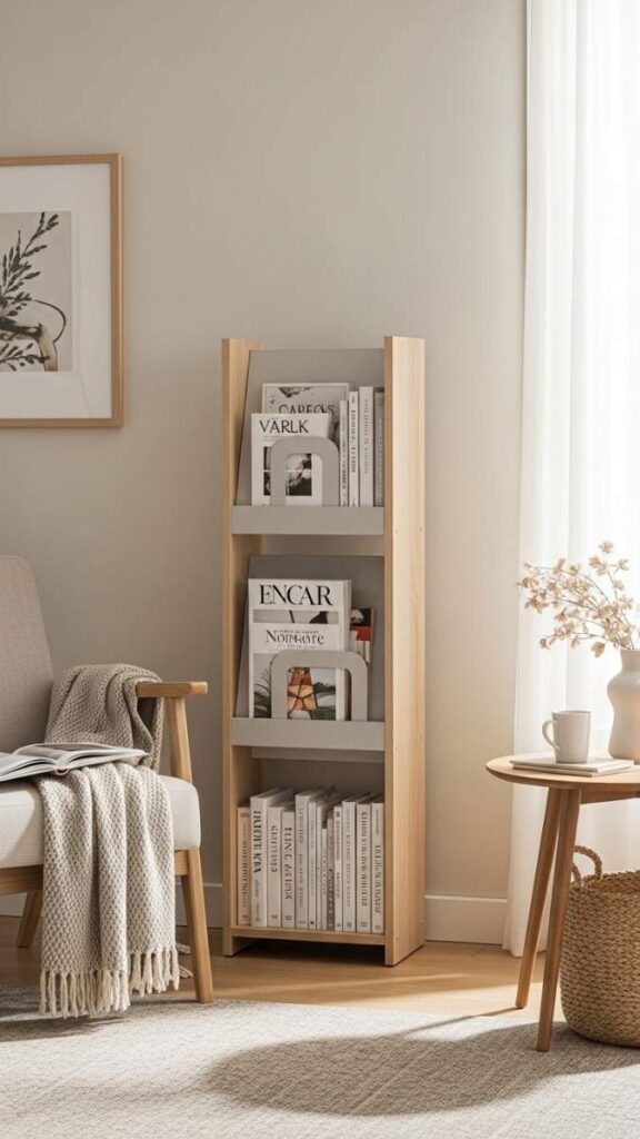 A Standing Magazine Rack or Freestanding Bookshelf for a Reading Nook