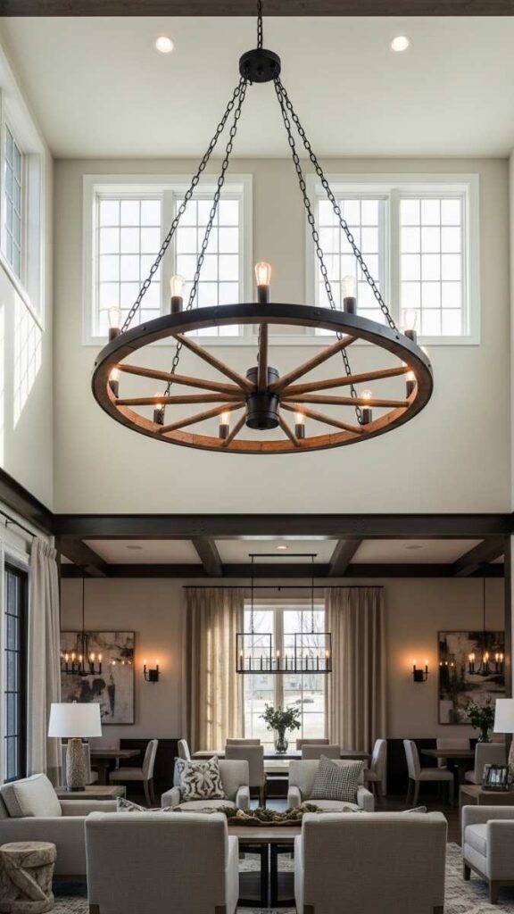 A Statement Wagon Wheel Chandelier in a High Ceiling Space